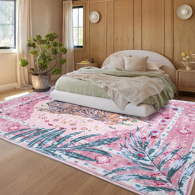 8x10 FT Leopard Rug for Living Room Pink Leopard Vintage Animal Rug Aesthetic Pink Rugs for Girls Room Nursery Bedroom Home Office Dorm Thin Bright Magenta Carpet (Light Pink, 10X8 FT)