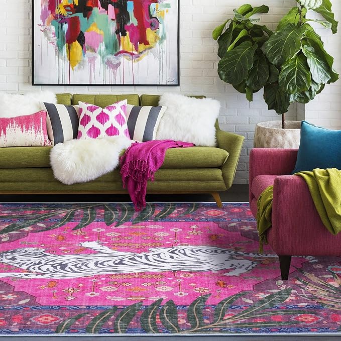 8x10 FT Leopard Rug for Living Room Hot Pink Leopard Vintage Animal Rug Aesthetic Pink Rugs for Girls Room Nursery Bedroom Home Office Dorm Thin Bright Magenta Carpet (Hot Pink, 10X8 FT)
