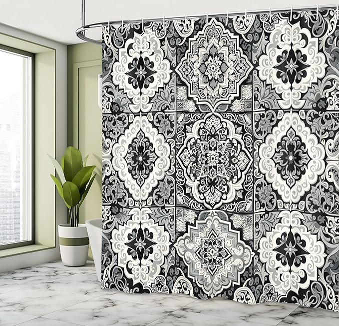 Ambesonne Grey Shower Curtain, Oriental Trippy Art with Moroccan Tile Pattern of Blooming and Curlicue Leaves, Cloth Fabric Bathroom Decor Set with Hooks, 69" W x 70" L, Off White Dimgray