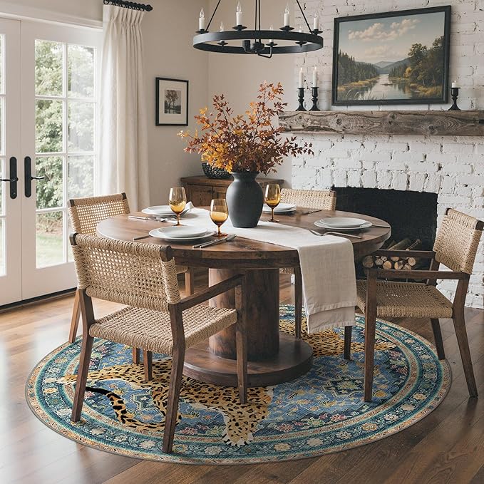 Bavni 4FT Leopard Round Rug, Machine Washable Cheetah Animal Print Low Pile Boho Circle Woodland Jungle Carpet, Non-Slip Non-Shedding Rug for Living Room Playroom Nursery Bedroom Entryway, Blue