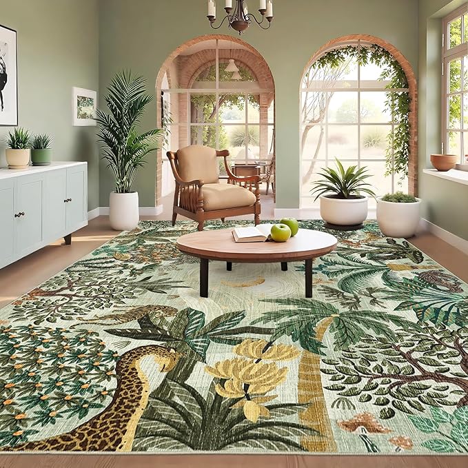 GarveeHome Large Area Rugs 10x13 for Living Room, Jungle Animal Washable Rug Soft Non Slip Backing Floor Mat Carpet Indoor Thin Green Accent Rug for Bedroom Dining Room Playroom Nursery Home Decor