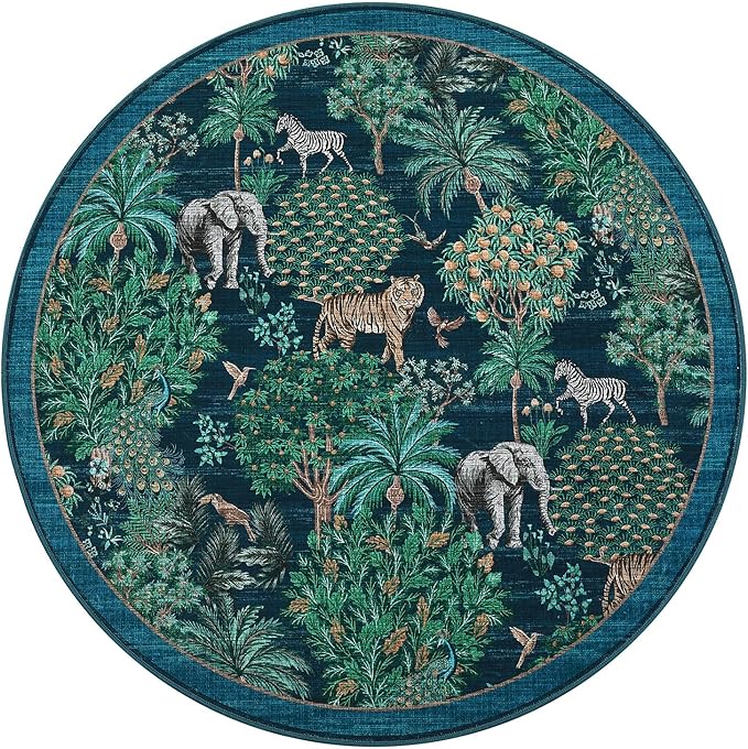 GarveeHome Jungle Round Washable Rugs 6ft Non-Slip Soft Round Rug for Kids Room, Forest Animal Print Tiger Circle Carpet for Bedroom Entryway Playroom Nursery, Blue