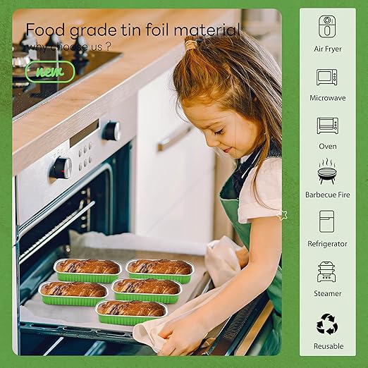 50 PACK Mini Cake Pans with Lids and Spoons, Rectangular Aluminum Foil Bread Pan, Mini Loaf Pans and Food Containers with Lids(Grass Green, 6.8oz)