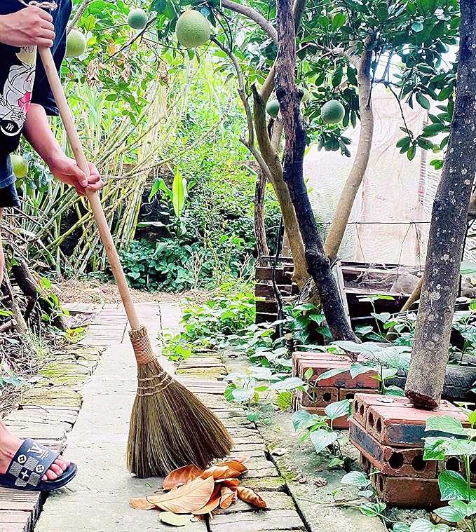 Vietnamese Natural Whisk Broom - Straw Soft Broom - Long Handle Broomstick for Cleaning, Decoration, Wedding with 45.28 inch Length