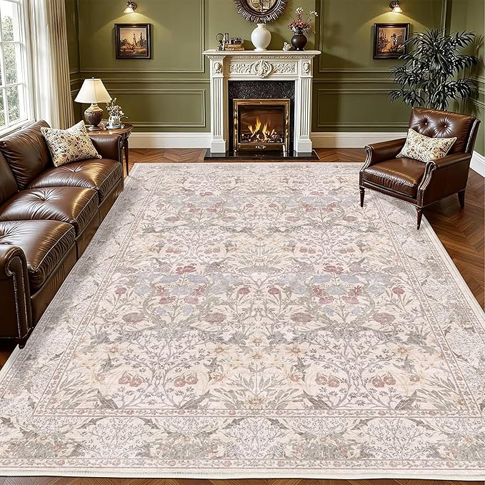 6x9 Floral Living Room Rug: Vintage Beige Washable Rug Floral Soft Carpet Indoor Floor Non-Slip Boho Stain Resistant Large Carpets for Bedroom Kids Nursery Dining Room Farmhouse Home Office