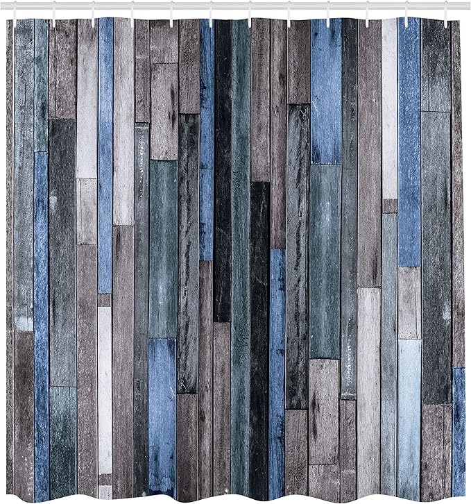 Ambesonne Wooden Print Shower Curtain, Brown Old Hardwood Floor Plank Grunge Lodge Garage Natural Rural Graphic, Cloth Fabric Bathroom Decor Set with Hooks, 69" W x 75" L, Azure Grey