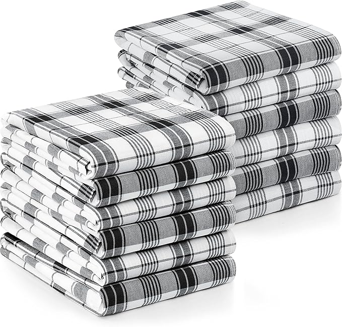 Utopia Towels Black & White Dish Towels [12 Pack - 15 x 25 Inches] 100% Ring Spun Cotton Highly Absorbent & Reusable Cleaning Bar, Tea, Kitchen and Dishcloths Set - 200 GSM