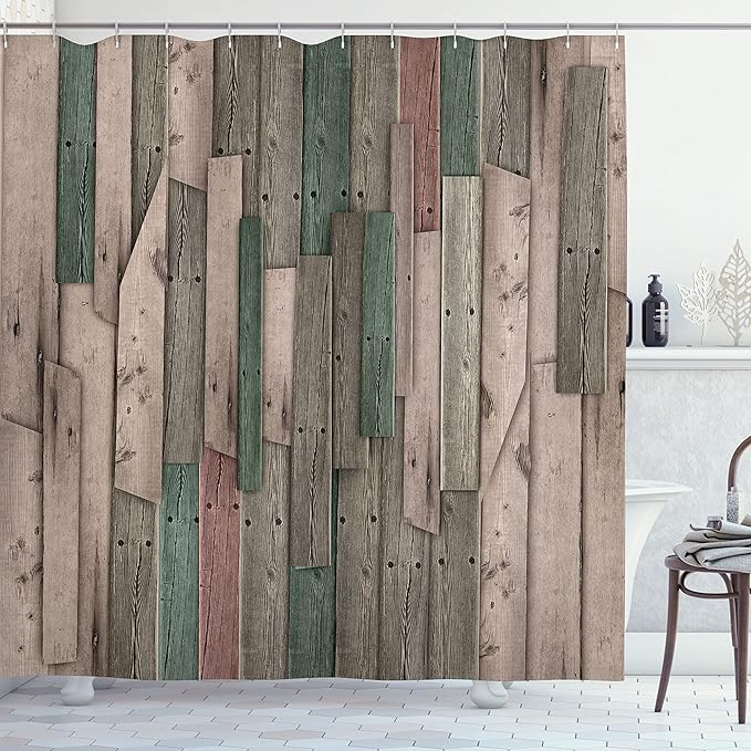 Ambesonne Rustic Shower Curtain, Grunge Wood Planks Barn House Door Nails Country Farm House Life Theme Layout, Cloth Fabric Bathroom Decor Set with Hooks, 69" W x 84" L, Jade Green