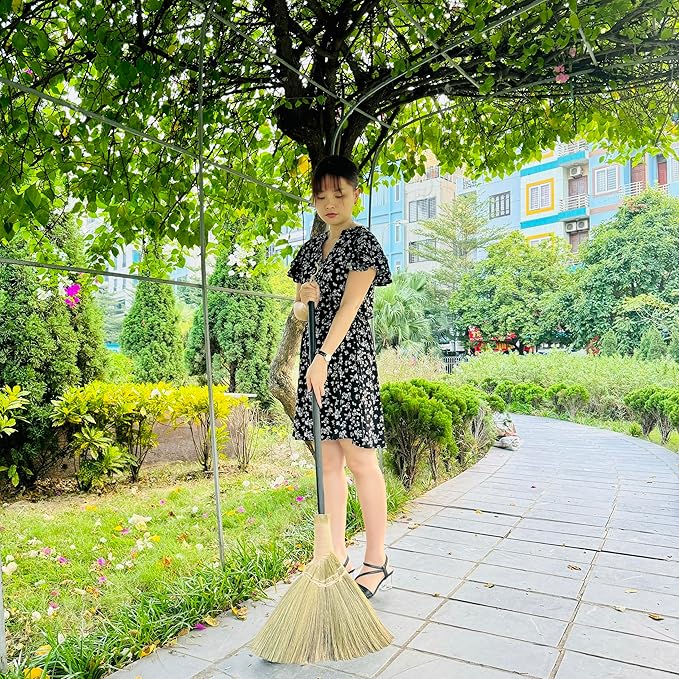 Vietnamese Broom 46.46inch Length - Brooms for Sweeping Indoor Outdoor - Black Long Wooden Handle Natural Soft Broom for Jumping, Weeding, Decoration