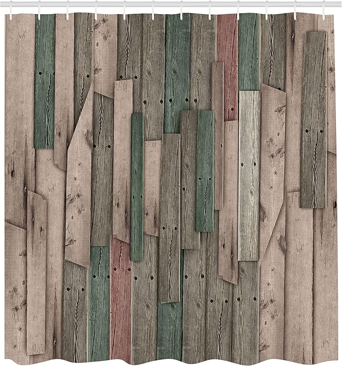 Ambesonne Rustic Shower Curtain, Grunge Wood Planks Cottagecore Door Country Farm House Art, Cloth Fabric Log Cabin Decor Set with 12 Hooks for Master Bathtoom and Guestroom, 69" W x 70" L, Jade Green