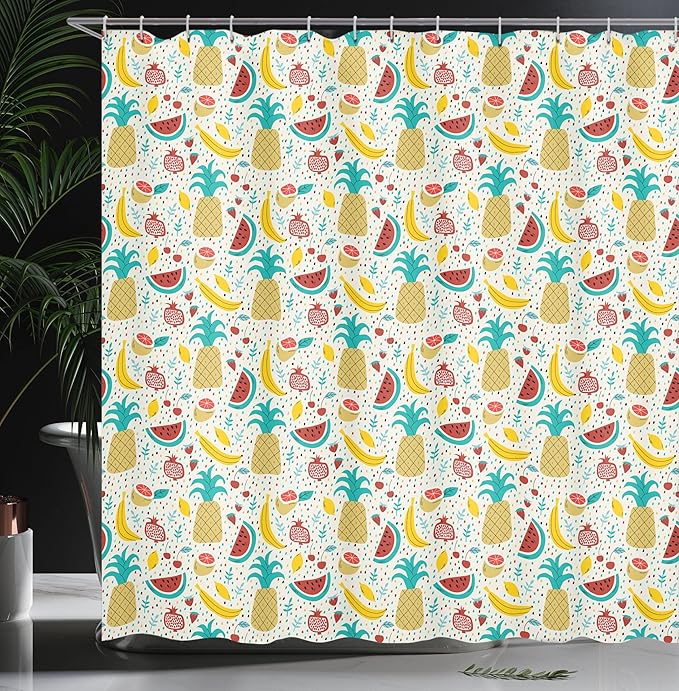 Ambesonne Food Shower Curtain, Fruits Banana Pomegranate Pineapple Watermelon Lemon Kitchen Cafe Abstract Graphic, Cloth Fabric Bathroom Decor Set with Hooks, 69" W x 70" L, Turqupise Mustard
