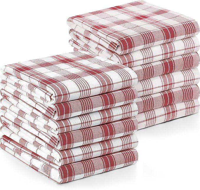 Utopia Towels Red & White Dish Towels [12 Pack - 15 x 25 Inches] 100% Ring Spun Cotton Highly Absorbent & Reusable Cleaning Bar, Tea, Kitchen and Dishcloths Set - 200 GSM
