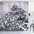 Ambesonne Nautical Shower Curtain, Coastal Nature Theme Kraken Octopus Tentacles with Ship Sail Old Boat Art Drawing in Ocean Waves, Cloth Fabric Decor for Bathroom Set with Hooks, 69" W x 70" L, Blue