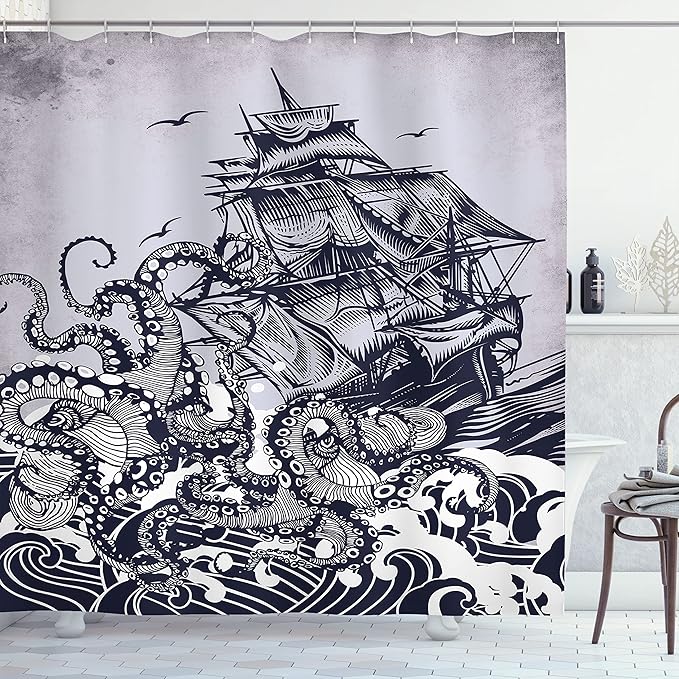 Ambesonne Vintage Art Nautical Shower Curtain Set for Ocean Theme Bathroom Kraken Octopus Tentacles with Ship Sail Boat in Ocean Waves 100% Polyester Cloth Fabric Set with 12 Hooks 69" W x 84" L, Blue
