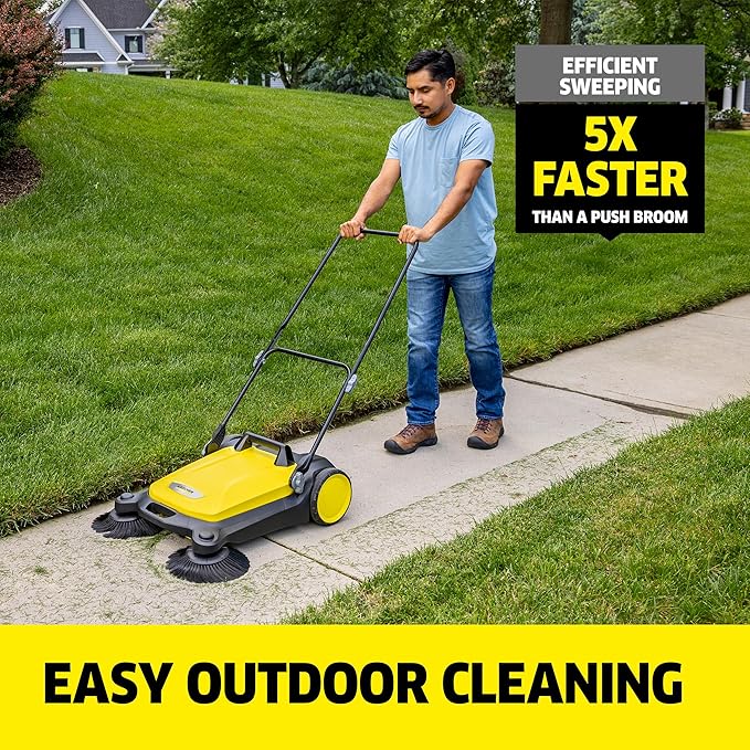 Kärcher Walk Behind Outdoor Push Sweeper S 4 Twin for Workshops, Warehouses or Garages - 5X Faster Than a Push Broom, 5.25 Gallon Capacity, 26.8" Sweeping Width