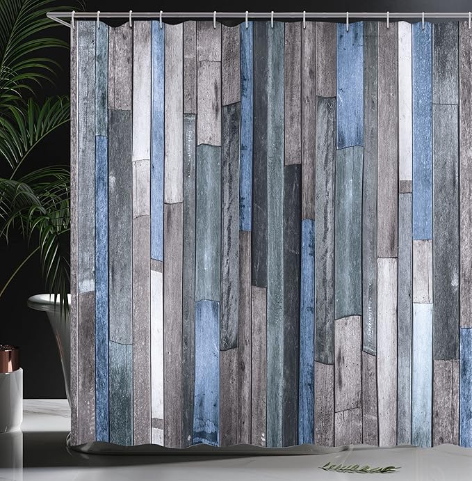 Ambesonne Wooden Print Shower Curtain, Brown Old Hardwood Floor Plank Grunge Lodge Garage Natural Rural Graphic, Cloth Fabric Bathroom Decor Set with Hooks, 69" W x 75" L, Azure Grey