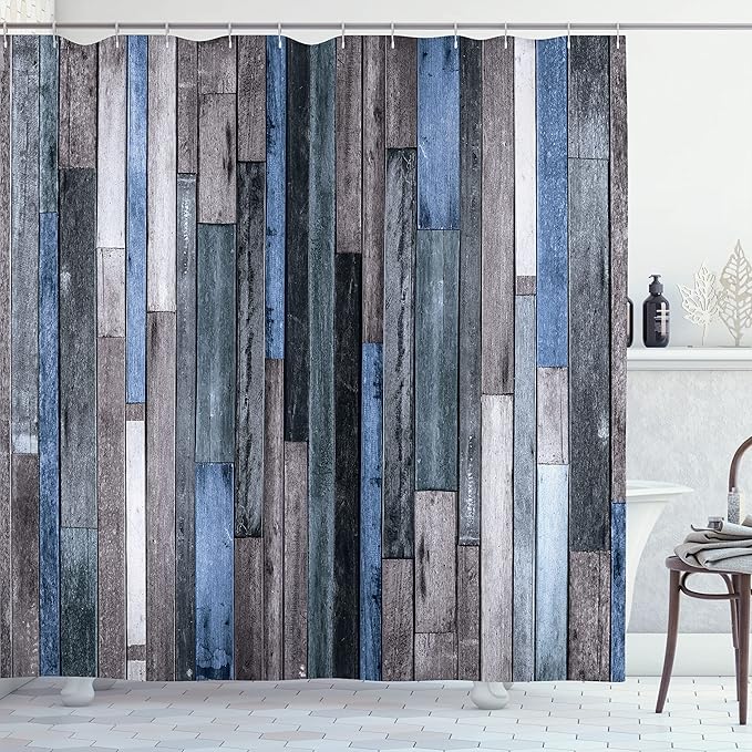 Ambesonne Wooden Print Shower Curtain, Brown Old Hardwood Floor Plank Grunge Lodge Garage Natural Rural Graphic, Cloth Fabric Bathroom Decor Set with Hooks, 69" W x 84" L, Azure Grey