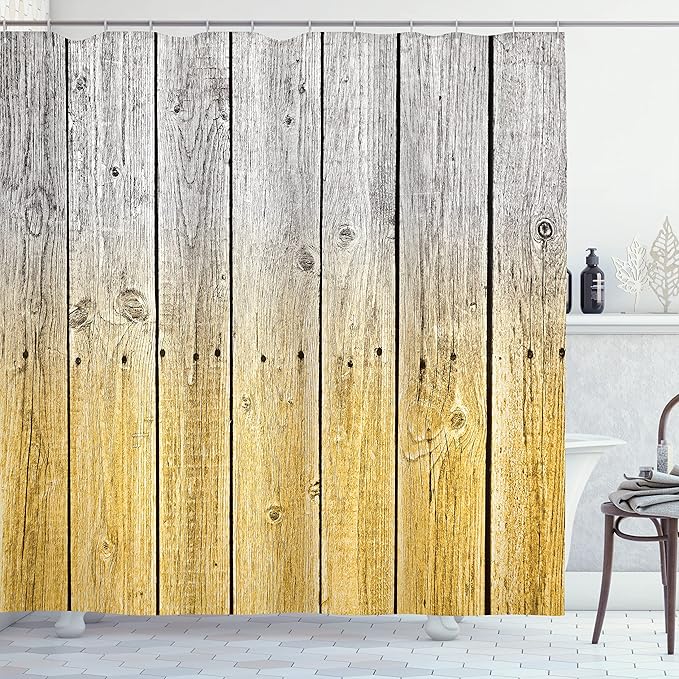 Ambesonne Rustic Shower Curtain, Wood Panels Background Digital Tones Effect Country House Art Image, Cloth Fabric Bathroom Decor Set with Hooks, 69" W x 70" L, Mustard Pearl