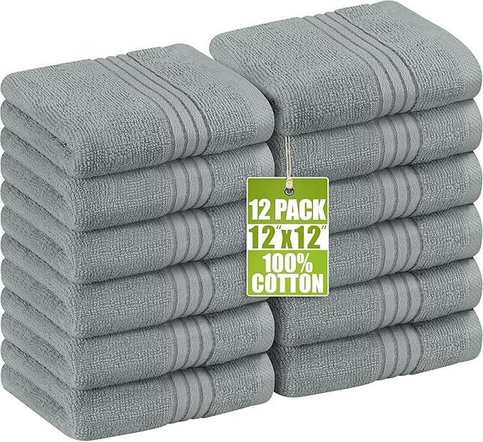 Utopia Towels Wash Cloths Set, 12 by 12 Inches, 100% Cotton Ring Spun, Highly Absorbent and Soft Feel Washcloths for Bathroom, Spa, Gym, and Face, 12 Pack Cool Grey