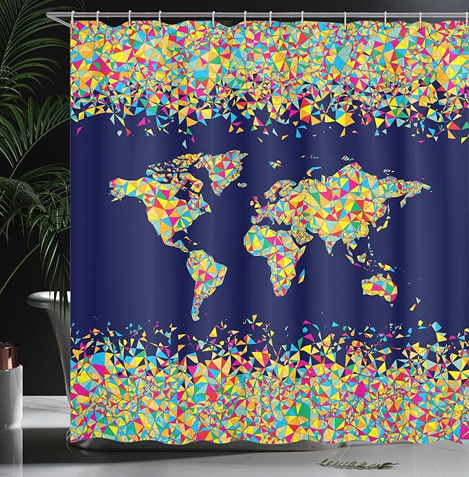 Ambesonne Map Print Shower Curtain, World Map Design with Mosaics Print Global Scene Atlas Colorful Art, Cloth Fabric Bathroom Decor Set with Hooks, 69" W x 75" L, Dark Blue Yellow Blue