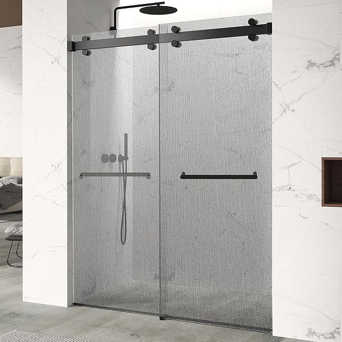 Monaco 56.5-60" W x 78" H 3/8" Twinglide Frameless Shower Door with Tempered Rain Glass (Matte Black)