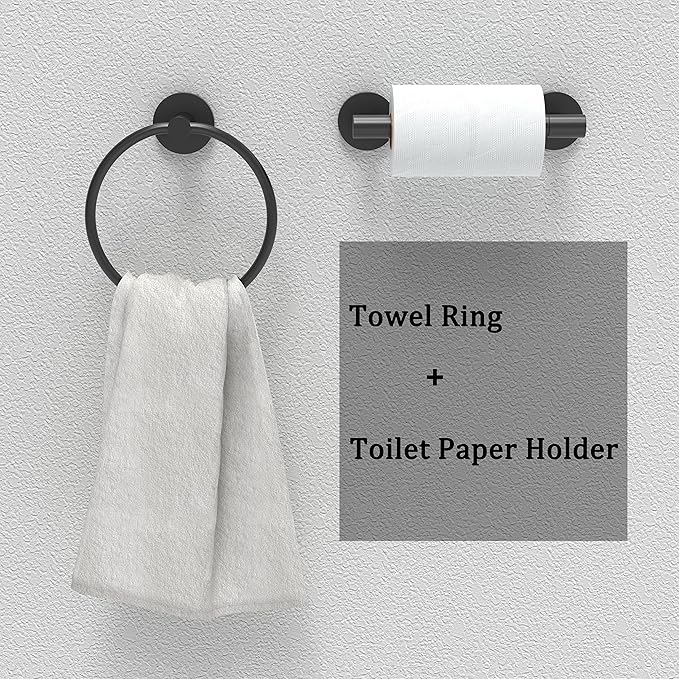 Matte Black Toilet Paper Holder & Towel Ring SUS304 Stainless Steel 2pc Bathroom Hardware Set with Double Post Pivoting Toilet Paper Roll Holder Wall Mount & Bathroom Towel Holder Set
