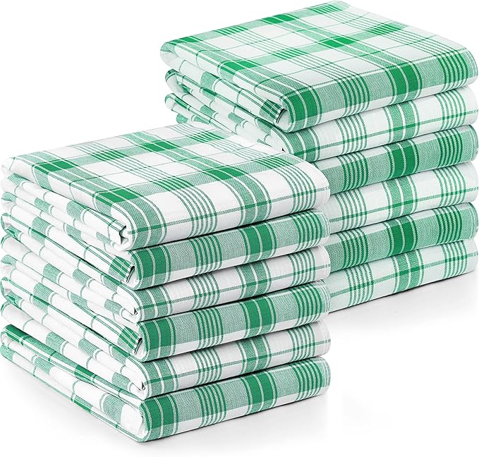 Utopia Towels Green & White Dish Towels [12 Pack - 15 x 25 Inches] 100% Ring Spun Cotton Highly Absorbent & Reusable Cleaning Bar, Tea, Kitchen and Dishcloths Set - 200 GSM