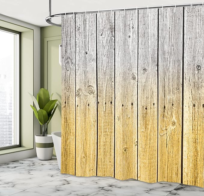 Ambesonne Rustic Shower Curtain, Wood Panels Background Digital Tones Effect Country House Art Image, Cloth Fabric Bathroom Decor Set with Hooks, 69" W x 70" L, Mustard Pearl